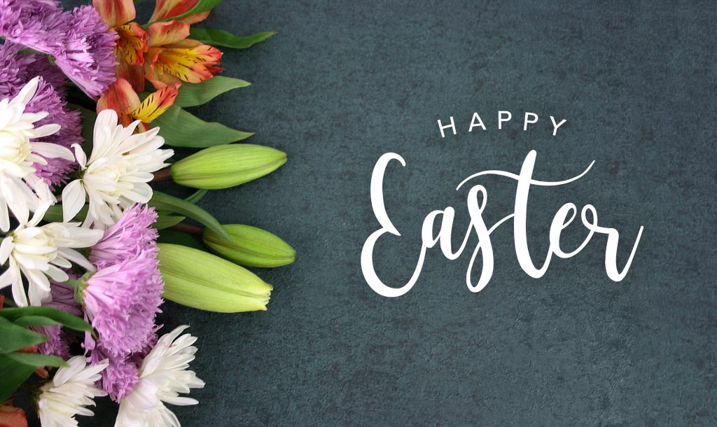 Happy Easter poster with beautiful flowers on the left hand side and a gray background.